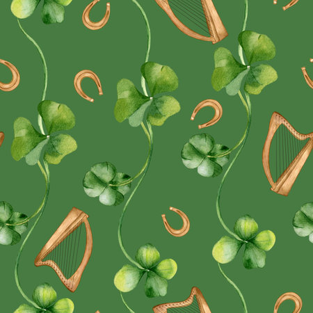 Shamrock and horseshoes watercolor seamless pattern isolated on green background. Painted clover and harp. Hand drawn Celtic symbol. Design for St. Patrick day decoration, textile, wrapping, paperの写真素材