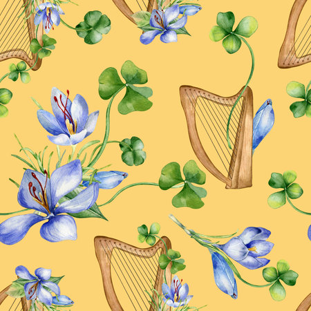 Harp and spring flowers watercolor seamless pattern isolated on orange. Painted green clover with crocus and string musical instrument. Irish symbol hand drawn. Design for St. Patricks day, paperの写真素材