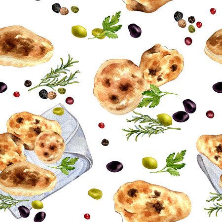 Arabian flat bread in watercolor seamless pattern isolated on white. Pitta on a cotton napkin with olives and herbs. Indian naan hand drawn. Painted bread on tablecloth for packaging, wrapping paperの写真素材