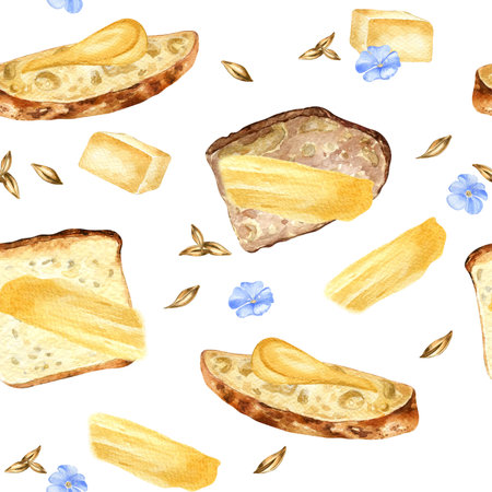 Assorted slices of bread and butter in watercolor seamless pattern isolated on white background. Sliced mixed bread spread butter hand drawn in sketch for package, wrapping paper, bakeryの写真素材