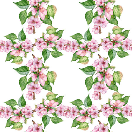 Blooming branch of almond tree with pink flowers seamless pattern watercolor isolated on white. Blossom fruit tree branch hand drawn. Design element for packaging, backdrop, wallpaper, textileの写真素材