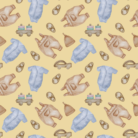 Baby clothes and wooden toys in watercolor seamless pattern isolated on beige. Baby romper, body suit and booties hand drawn . Toddler toy train in pastel shades. Elements for textile, backgroundの写真素材