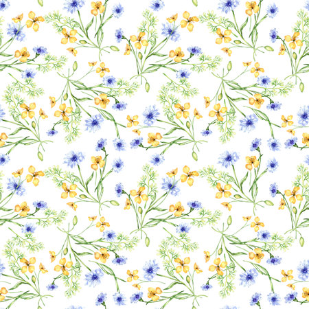 Yellow, blue meadow flowers in watercolor seamless pattern isolated on white. Celandine and cornflower in sketch. Medicinal plant, useful floral print hand drawn. Design for home textile, packageの写真素材