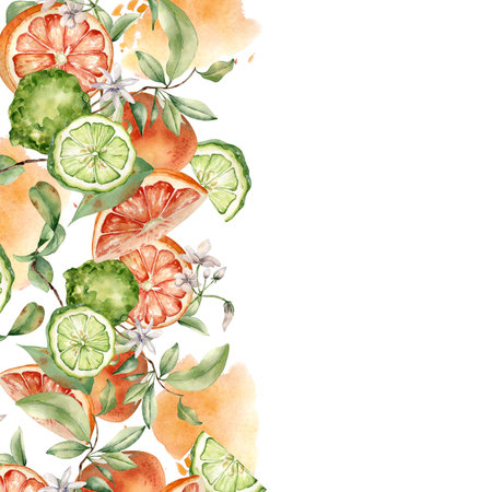 Bergamot and grapefruit citrus fruits with jasmine flowers on watercolor stains isolated . Border of summer plants with bright orange green peel in botanical sketch for package products, textileの写真素材