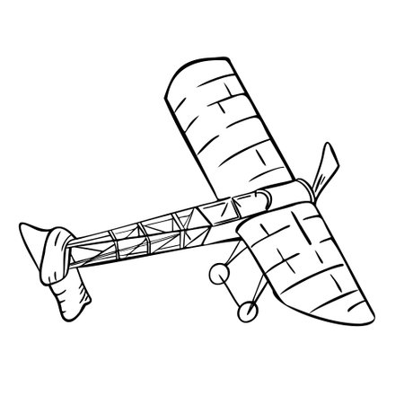 Black and white retro airplane vector illustration isolated. Flying aircraft with propeller ink hand drawn. Silhouette plane for childish design printed products, coloring. Airplane graphic line artのイラスト素材