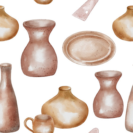 Pottery handcrafted in natural tones watercolor seamless pattern isolated. Various vase different shape and size hand drawn print. Pattern with jug handmade and pot for design textile, package, paperの写真素材