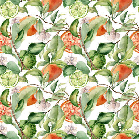 Foliage with assorted citrus fruits and white flowers watercolor seamless pattern isolated on white. Hand drawn grapefruit in botanical sketch style. Jasmine and green bergamot for package, textileの写真素材