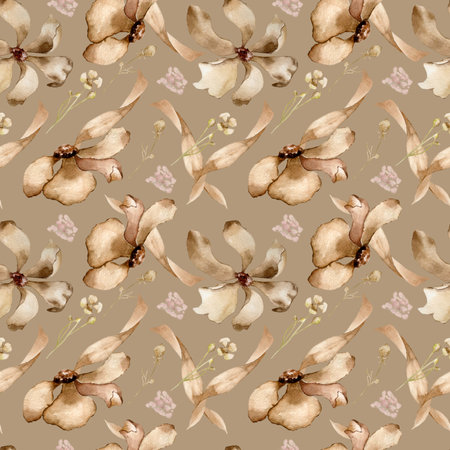 Dry flowers sand tones hand drawn in monochrome watercolor seamless pattern. Floral sepia tone background isolated on white. Soft beige plants for design textile, packaging. Neutral tone for printの写真素材