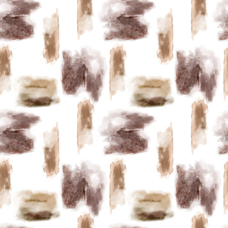 Brushstrokes abstract sepia-toned a seamless watercolor pattern on white background. Monochrome paint stroke variety of shapes and textures for design textile, package, backdropの写真素材