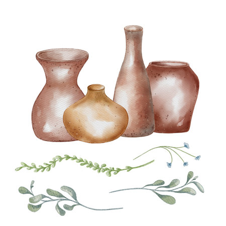 Set of pottery in a row and plant elements in pastel tone. Tall jug and wide vase in watercolor illustration isolated. Leaves and clay dishes hand drawn. For ceramics workshop, school, modelingの写真素材