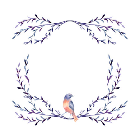 Bird pastel colors orange, purple blue and branches in watercolor frame isolated. Bluebird with floral arrangement in botanical sketch on wreath. Swallow on twig illustration hand drawn for greeting.の写真素材