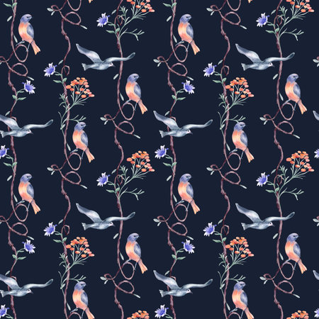 Seamless tree with birds of red, blue colors by watercolor isolated. Romantic repeating branches with heart shapes and delicate flowers pattern hand drawn. Avian wallpaper with floral elements.の写真素材