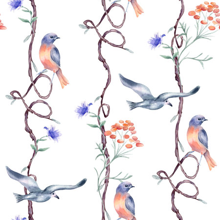 Seamless tree with birds of red, blue colors by watercolor isolated. Romantic repeating branches with heart shapes and delicate flowers pattern hand drawn. Avian wallpaper with floral elements.の写真素材