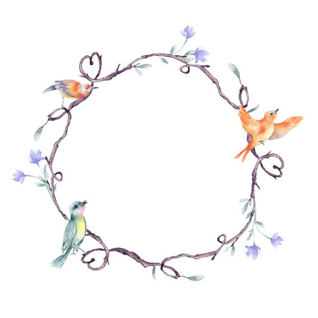Circle frame of twigs, tiny birds and pastel blue flowers in watercolor painted isolated. Delicate branch with various birds on wreath hand drawn. Element for natural rustic designs, Valentine day.の写真素材