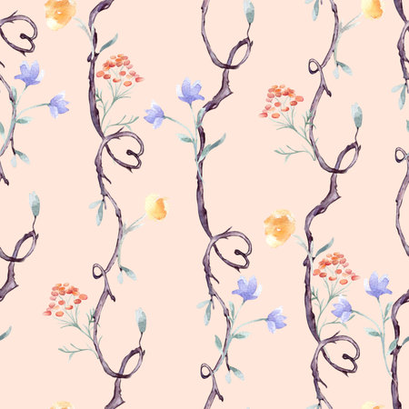 Seamless branches, flowers and hearts by watercolor pattern on pink. Vertical tree repeating background with delicate orange blue hand drawn flowers. Nature wallpaper with botanical plant elements.の写真素材