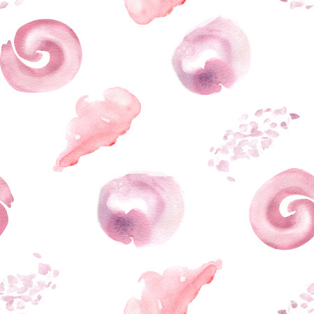 Seamless watercolor pattern of abstract pink swirls and cloud shapes isolated. Shells and brush stroke in soft colors hand painted on repeated underwater background for textiles, wrapping paper.の写真素材