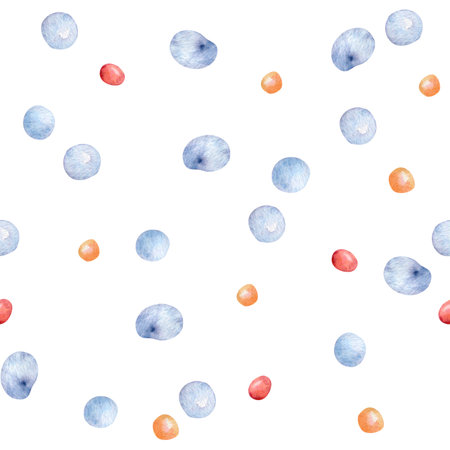 Watercolor chaotic drops seamless pattern isolated. Hand drawn blue red specks on repeated texture. Abstract simple water blots on background . Abstract colorful droplets for cute children design.の写真素材