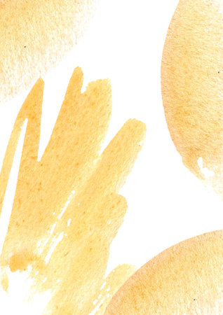 Golden amber watercolor texture with splashes and gradients isolated. Burnt sienna and warm ochre tones hand drawn watercolor stroke for seasonal designs. Hand painted autumn sunrise background.の写真素材