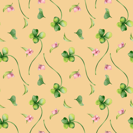 Clover leaves and little pink flowers watercolor illustration on seamless pattern isolated. Floral design on repeated background. Shamrock hand drawn in botanical sketch art.の写真素材