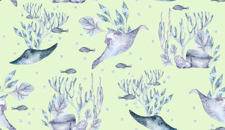 Watercolor seamless pattern with underwater creatures and sea plants isolated. Soft blue monochrome marine life elements ray fish, seaweeds hand drawn. Sea world on botanical texture and ray fish.の写真素材