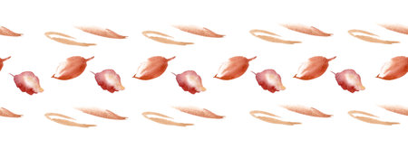 Rust orange watercolor seamless border of fall leaves, strokes isolated. Autumn botanical banner in...