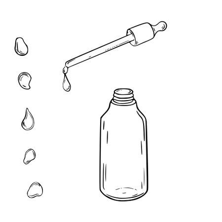 Clear glass dropper bottle and assorted drops black white vector illustration isolated. Serum bottle and pipette hand drawn monochrome line art. Design element for label essential oils, package.のイラスト素材