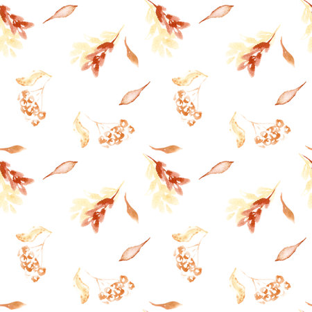 Seasonal watercolor seamless pattern colors of fall with delicate watercolor leaves, branch and berries in soft brown tones. Hand-painted seasonal background pale pink orange for repeated design.の写真素材