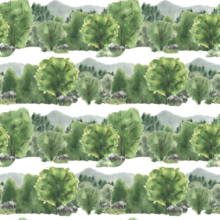Variety of tree species with lush foliage watercolor seamless pattern isolated on white. Tree canopies forest area hand drawn repeated horizontal texture. Woodland scenery for design fabric, wallpaperの写真素材