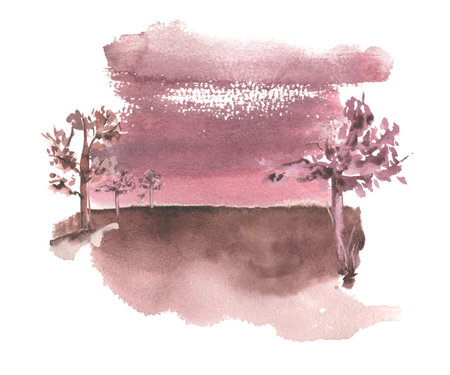 Sunset soft silhouettes of trees with brown watercolor colors isolated on white. Landscape scenic horizon warm tones and pale pink sky hand drawn. Autumn or evening scenery of brushstrokes texture.の写真素材