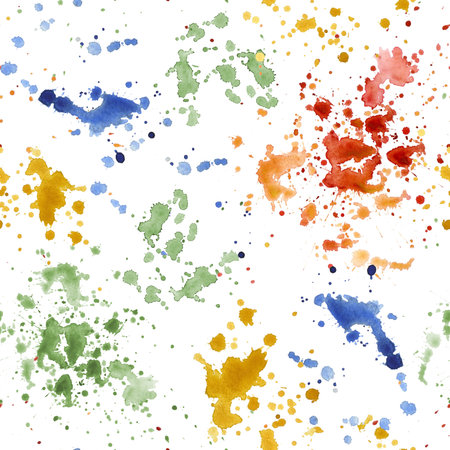 Colorful watercolor splashes seamless pattern on white background. Artistic abstract paint drops in red, blue, green, and yellow. Stains texture for design fabric, wallpaper, wrapping paper.の写真素材