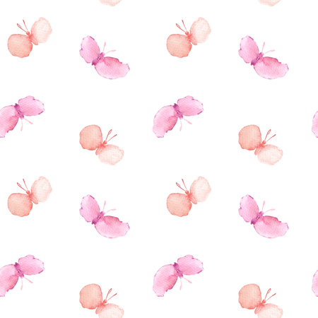 Butterflies soft pastel colors seamless pattern isolated on white background. Pattern design for nursery textile. Pink and orange butterfly hand drawn on repeated texture for fabric, stationery.の写真素材