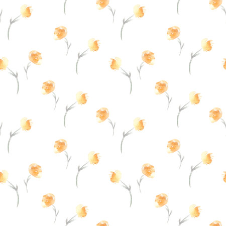 Seamless botanical pattern with delicate yellow wildflowers and soft green stems. Watercolor flowers pattern hand painted for textile, wrapping paper, stationery. Floral print for children fabric.の写真素材