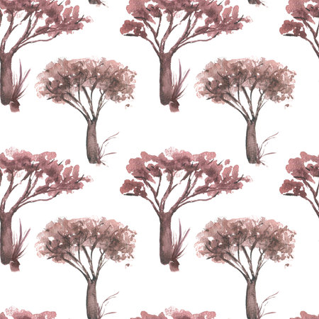 Seamless watercolor pattern with acacia trees in warm earthy tones isolated. Hand painted African savanna design on repeat background for safari decor, boho wall art, textiles, travel themed prints.の写真素材