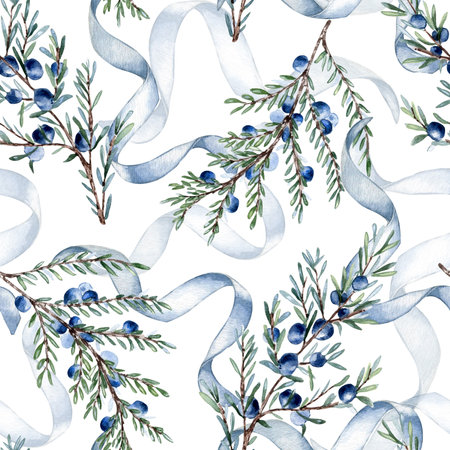 Watercolor juniper twigs, berries and blue ribbons seamless background. Delicate evergreen conifer repeated pattern for textile, wrapping paper, and botanical decor. Hand drawn nature plants design.の写真素材