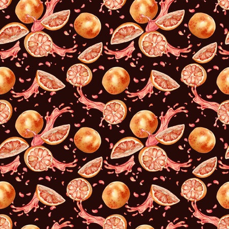 Red oranges halves, slices on splash juice watercolor seamless pattern isolated on dark. Pieces of ripe citrus fruits hand drawn on repeated texture. Fresh juicy grapefruits background for designの写真素材