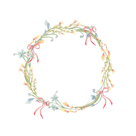 Spring floral wreath yellow and blue delicate flowers and pink little bows isolated on white. Gentle round Easter frame of wildflowers, plants hand drawn for greeting cards, packaging, invitation.の写真素材