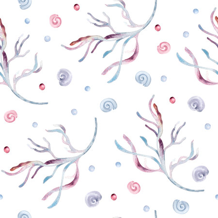 Underwater seamless pattern of monochrome dusty pink sea plants and bubbles, curl watercolor on white. Repeated background hand drawn for marine prints, wrapping paper, stationery, textile designs.の写真素材