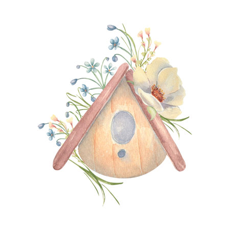 Cozy birdhouse with tiny blue flowers spring watercolor illustration isolated white. Hand painted blooms white peony and forget me not in soft colors for scrapbooking, children art print, wall decor.の写真素材