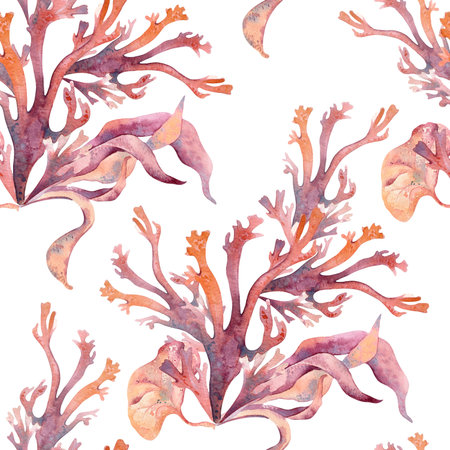 Seamless watercolor pattern of bright coral branches and flowing seaweed in orange and pink tones isolated. Tropical marine texture hand drawn for beachwear, eco-packaging, and textile design.の写真素材