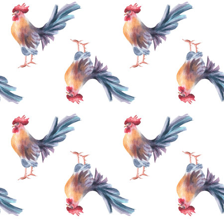 Watercolor seamless pattern with roosters and red comb isolated. Seamless country bird artwork painted on repeat background for folk textile, farmhouse tableware, and eco friendly packaging.の写真素材