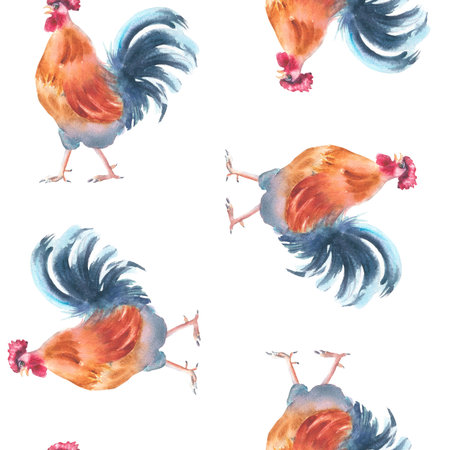Watercolor rooster seamless pattern in warm rustic tones isolated. Hand painted farm bird repeat print for cottagecore textiles, vintage kitchen accessories, and countryside packaging.の写真素材