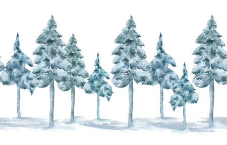 Evergreen winter trees horizontal repeated border watercolor illustration isolated. Snowy spruce misty tones hand painted on seamless banner. Continuous woodland pattern for seasonal fabric prints.の写真素材