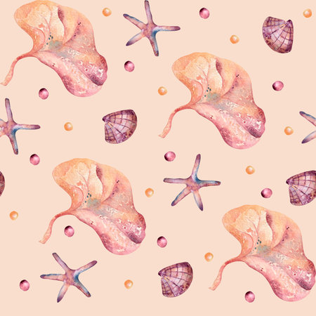 Tropical ocean seamless pattern with watercolor sea plants, star fishes and marine elements isolated. Aquatic summer repeated design in orange and pink colors for stationery, textiles, swimwear.の写真素材