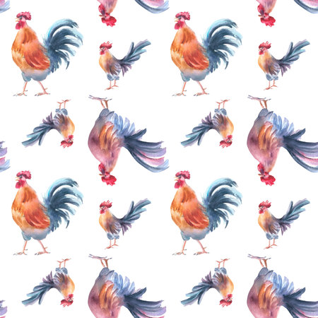 Rooster, vibrant tail feathers watercolor seamless pattern isolated. Farm animal hand drawn repeat background for rustic style stationery, countryside prints, and vintage kitchen fabrics.の写真素材