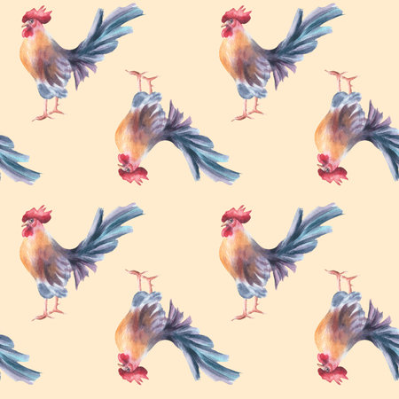Rooster repeat pattern in light watercolor wash isolated on beige. Countryside bird sketch style seamless background for artisan branding, rustic home textiles, packaging and wallpaper.の写真素材