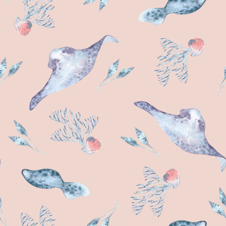 Elegant watercolor seamless pattern of stingrays by seaweed, coral seashells isolated on beige. Underwater creatures hand painted repeated background for print, summer fabric, children textile.の写真素材