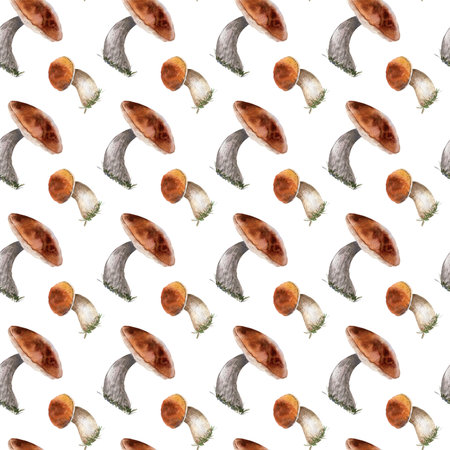 Forest mushrooms with rich brown caps watercolor hand painted seamless pattern. Repeat woodland plants background with boletus, porcini, and aspen cep. Fall holiday stationery, packaging, textile.の写真素材