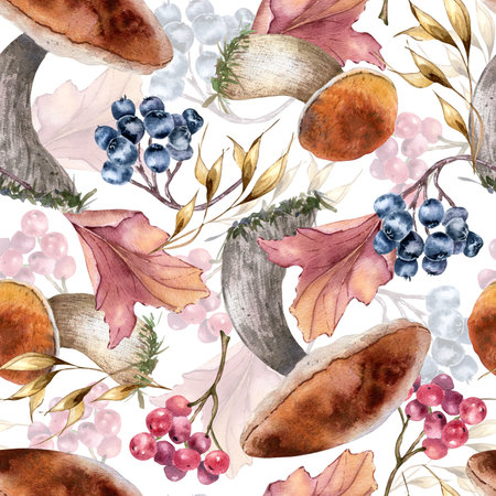 Autumn watercolor seamless pattern hand painted. Rich forest harvest repeat background. Edible mushrooms, berries, colorful leaves drawing. Endless botanical design in soft pink, orange colors.の写真素材