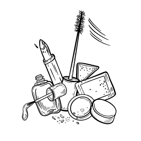 Make up cosmetics black white vector illustration. Hand drawn outline mascara, blush, eyeshadow, nail polish and lipstick line art. Minimalist beauty drawing for cosmetic branding, salon packaging.のイラスト素材
