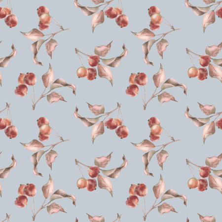 Vintage autumn seamless pattern with red crab apple branches isolated on blue. Hand drawn watercolor repeat for seasonal tableware, November celebration designs and botanical harvest packaging.の写真素材